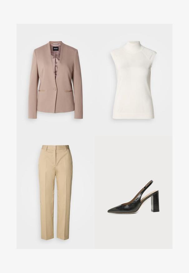 Blazer rose pâle avec revers cranté, fermeture à un bouton, deux poches avant et doublure en satin lisse. Tissu doux et texturé.; Haut sans manches à col roulé blanc en matière douce ; présente une coupe ajustée avec un col montant et une texture subtilement côtelée à l'ourlet.; Pantalon beige à jambe droite avec passants pour ceinture, pli avant et fermeture dissimulée, présenté sur un fond clair.; Chaussure slingback en cuir noir à bout pointu avec un talon bloc haut et une doublure intérieure beige sur un fond clair uni.