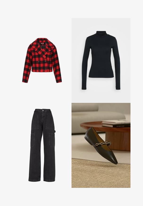 Korthåret dobbelbrystet jakke med rød og sort ternet mønster, lavet af blødt stof, med store revers og sorte knapper.; Sort langærmet ribbestrikket sweater med høj hals og tætsiddende silhuet på en lys ensfarvet baggrund.; Sorte denim cargo bukser med brede ben, flere pattes lommer og høj talje. Har knaplukning og solid syning.; Sort spids Mary Jane flad sko med guldkædestrop, placeret på beige tekstureret tæppe nær rundt træ sofabord og bøger.