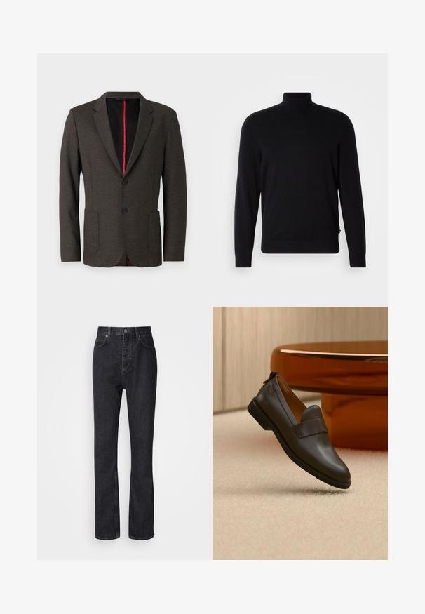 Mørkegrå blazer lavet af tekstureret stof med slim fit, der har to frontlommer, to sorte knapper og en rød inderforing.; Sort rullekravesweater lavet af strikkemateriale, med lange ærmer og et tætsiddende design. Glat tekstur med ribbet hals og kant.; Høj talje sorte denim jeans med knap- og lynlåsåbning, for- og baglommer samt lige ben.; Mørkebrun læderloafer med lav hæl svævende over beige tæppe, ved siden af et blankt, afrundet bord i ravfarve.