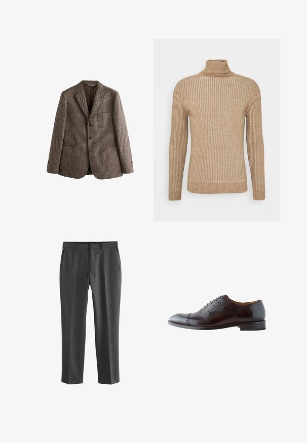 Blazer en pied-de-poule marron avec revers crantés, deux boutons et poches avant. Tissu texturé avec une doublure intérieure lisse.; Pull en maille côtelée beige à col roulé, avec des manches longues, en tissu texturé, au design ajusté et au col légèrement ample. Couleur simple et neutre.; Pantalons tailleur gris avec une texture lisse, coupe droite et taille standard. Présentent des plis et des poches latérales.; Chaussure habillée Oxford en cuir brun foncé avec détails à brogue, laçage fermé et petit talon empilé, présentée en profil latéral.