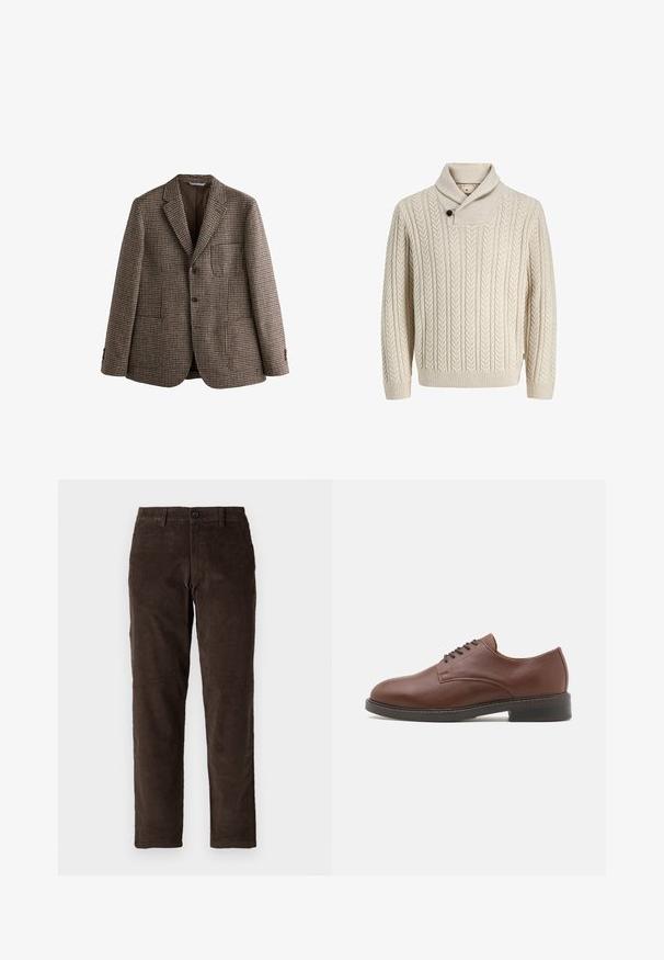 Blazer en pied-de-poule marron avec revers crantés, deux boutons et poches avant. Tissu texturé avec une doublure intérieure lisse.; Pull en maille écru léger avec col châle, fermeture à un seul bouton noir et poignets et ourlet côtelés. Motif texturé sur l'ensemble.; Pantalons en velours côtelé marron avec une coupe droite, dotés d'une fermeture à bouton à l'avant et de passants de ceinture standards. Texture lisse et coupe classique.; Chaussure habillée en cuir marron avec un bout arrondi, un design à lacets et une semelle en caoutchouc noir solide. Texture lisse avec un éclat subtil.
