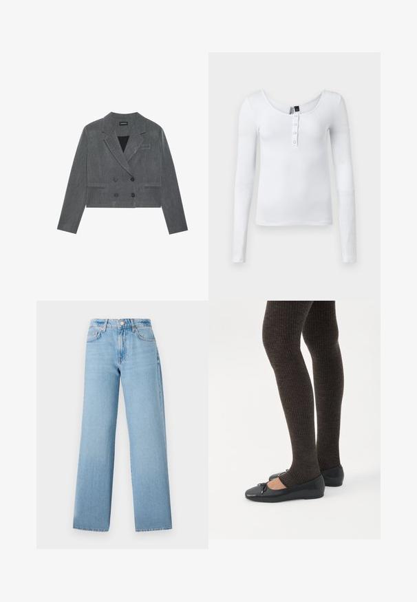 Blazer gris court au design croisé, doté de deux boutons noirs, de revers crantés et d'un subtil motif texturé.; Haut à manches longues blanc en côtes avec un décolleté en forme de scoop et quatre boutons sur le devant. Le tissu a une texture lisse et un design ajusté.; Jeans larges de couleur bleu clair en denim, avec une taille haute, un design à cinq poches et une fermeture à bouton avec zip.; Jambes portant des leggings côtelés foncés associés à des ballerines noires avec de petits détails en nœud sur fond blanc.
