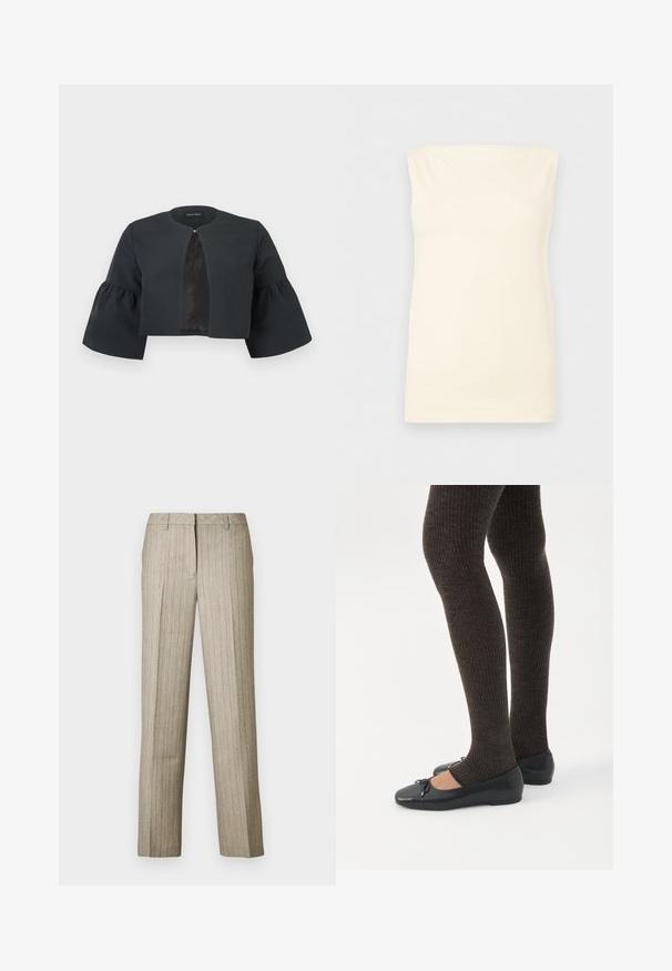 Veste noire courte avec encolure ronde, larges manches cloche trois-quarts et petite fermeture à clip au centre avant.; Haut sans manches, crème, ajusté, avec un décolleté droit et une texture lisse sur un fond neutre.; Pantalon beige à fines rayures avec une coupe droite, doté d'une ceinture structurée et d'une texture subtile sur l'ensemble du tissu.; Jambes portant des leggings côtelés foncés associés à des ballerines noires avec de petits détails en nœud sur fond blanc.