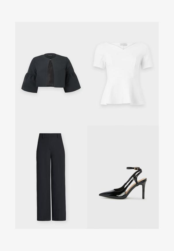 Veste noire courte avec encolure ronde, larges manches cloche trois-quarts et petite fermeture à clip au centre avant.; Haut blanc à manches courtes avec basque, encolure en cœur et taille cintrée, étiquette "Anna Field" visible à l'intérieur du col.; Pantalon noir taille haute à jambes larges, avec passants pour ceinture et fermeture dissimulée à l'avant.; Escarpin en cuir verni noir à talon haut, avec un bout pointu, une bride réglable à la cheville et des côtés ouverts. Texture lisse.