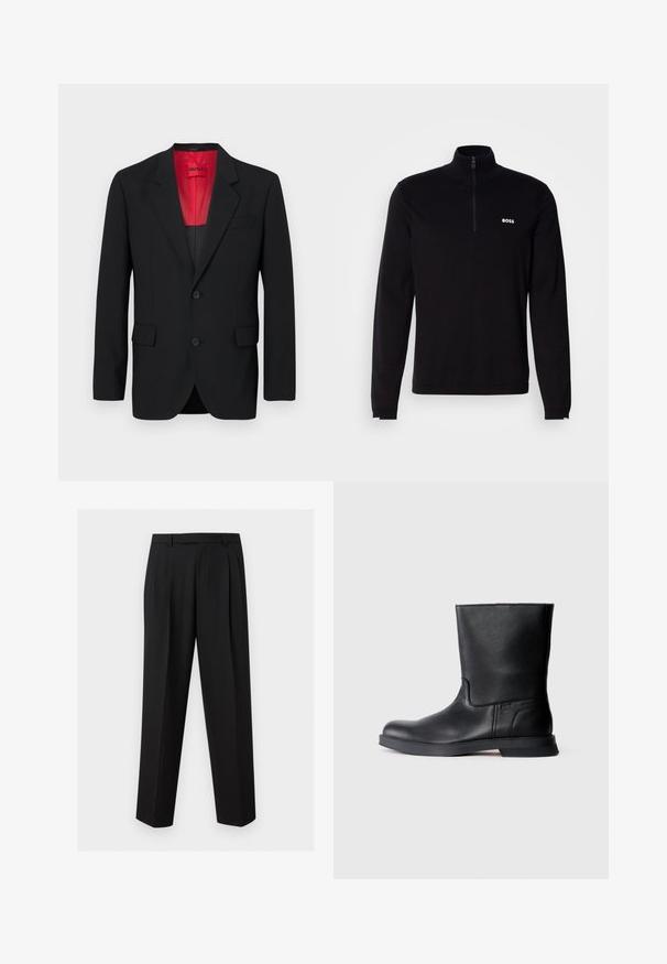 Blazer noir en tissu lisse, avec une doublure rouge, deux poches avant et deux boutons. Les revers crantés ajoutent un détail structuré.; Pull-over noir à manches longues avec col à demi-fermeture éclair, présentant une texture côtelée et un logo blanc "BOSS" sur la poitrine. Finition en tissu doux.; Pantalon noir sur mesure avec jambes droites, plis à la taille, passants de ceinture et poches latérales fendues, présenté sur un fond uni.; Bottine noire en cuir avec finition texturée, bout rond et semelle en caoutchouc basse. Design simple sans quincaillerie visible ni embellissements.