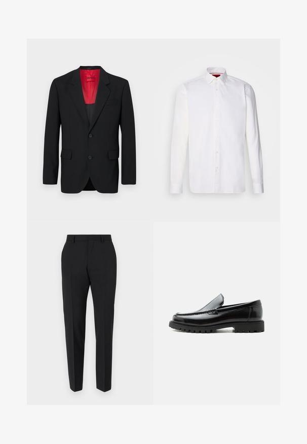 Blazer negro fabricado en tela suave, con un forro rojo, dos bolsillos frontales y dos botones. Las solapas con muesca aportan un detalle estructurado.; Camisa blanca de manga larga hecha de algodón, con un collar clásico, placket frontal con botones y una textura suave. Detalle interior del collar en rojo.; Pantalones negros con un diseño a medida, con frente plano, detalles de pliegue y un corte ajustado. Fabricados con una tela suave para un aspecto refinado.; Mocasín de cuero negro con suela de goma gruesa, empeine cosido y nombre de la marca en relieve en el talón, mostrado en perfil lateral sobre fondo blanco.