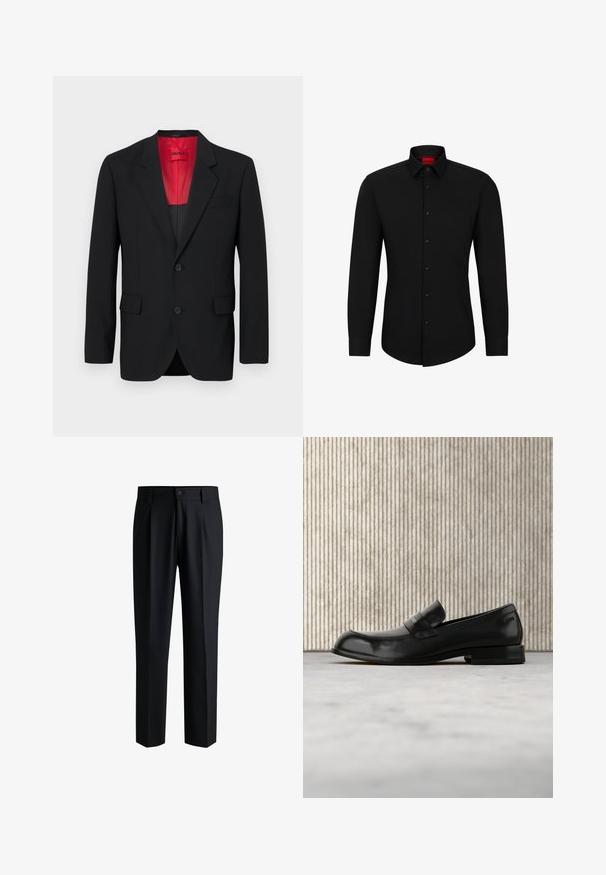 Blazer noir en tissu lisse, avec une doublure rouge, deux poches avant et deux boutons. Les revers crantés ajoutent un détail structuré.; Chemise noire à manches longues avec un devant boutonné, col classique et ourlet arrondi ; comporte des boutons noirs et un logo rouge à l'intérieur du col.; Pantalons noirs en tissu lisse, avec une coupe droite, des plis à l'avant et une fermeture à bouton avec passants de ceinture.; Mocassin en cuir noir avec un accent métallique, présenté en lévitation au-dessus d'un tapis beige, avec une table ronde de couleur ambre en arrière-plan.