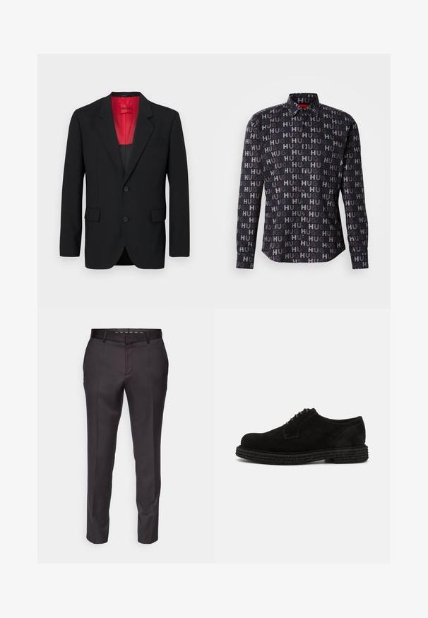 Blazer negro fabricado en tela suave, con un forro rojo, dos bolsillos frontales y dos botones. Las solapas con muesca aportan un detalle estructurado.; Camisa abotonada negra con texto repetido "HUG" en varios tonos. Presenta un cuello, mangas largas y botones negros. Textura suave.; Pantalones negros a medida con una textura suave, diseño estructurado y pliegues en la parte delantera. Presentan una pierna recta y una cintura ajustada.; The Antipode DERBY - Zapatos de vestir - black