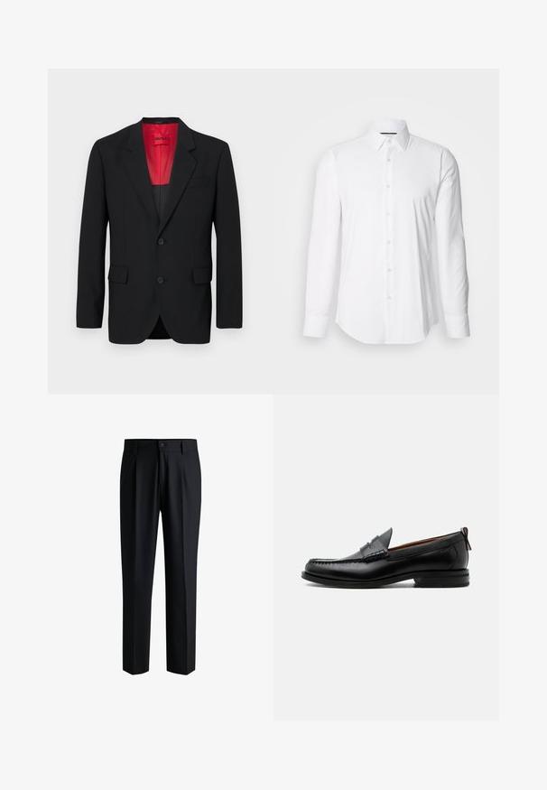 Sort blazer lavet af glat stof, der har en rød foring, to frontlommer og to knapper. Klippede slag tilføjer struktureret detalje.; Hvid langærmet skjorte lavet af glat stof, med klassisk krave og knap-front design samt en buet kant. Knapperne er diskret blanke.; Sorte bukser lavet af glat stof, med lige ben-design, plisseringer foran og knaplukning med bæltestropper.; Sort læder herre loafer med moc-tå syning, penny strop, struktureret krave og lav stablet hæl på hvid baggrund.