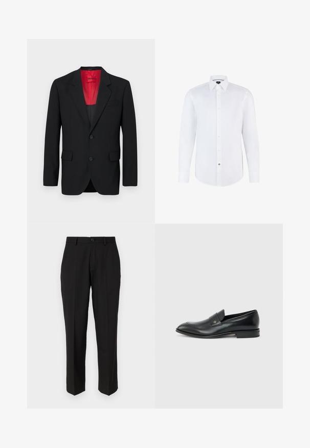 Blazer negro fabricado en tela suave, con un forro rojo, dos bolsillos frontales y dos botones. Las solapas con muesca aportan un detalle estructurado.; Camisa blanca de manga larga hecha de una tela suave, con cierre de botones en la parte delantera, cuello puntiagudo y dobladillo curvado. Acento notable de botón de marca.; Pantalones negros de tela suave, con un diseño de pierna recta, bolsillos delanteros, un cierre de botón y sin patrones visibles.; Mocasín de cuero negro para hombre con tacón bajo, punta redondeada y pequeño logo metálico en la correa, mostrado de perfil sobre un fondo liso.