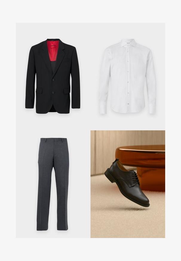 Blazer negro fabricado en tela suave, con un forro rojo, dos bolsillos frontales y dos botones. Las solapas con muesca aportan un detalle estructurado.; Camisa blanca de manga larga con botones hecha de tela suave; presenta un cuello clásico, cierre de botones y dobladillo redondeado.; Pantalones de vestir ajustados en gris oscuro para hombre, con trabillas y pliegues frontales, mostrados sobre un fondo blanco.; Zapato de vestir para hombre de cuero negro con cordones flotando sobre una alfombra beige, con una mesa de café redonda marrón en el fondo.