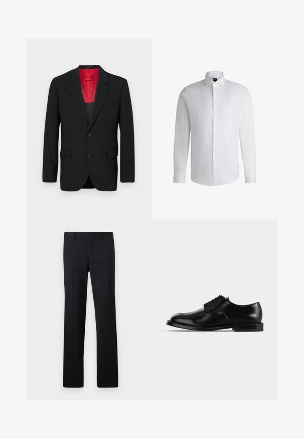 Blazer negro fabricado en tela suave, con un forro rojo, dos bolsillos frontales y dos botones. Las solapas con muesca aportan un detalle estructurado.; Camisa blanca de manga larga hecha de algodón suave, con un cuello clásico, botonera completa y puños abotonados. Diseño minimalista.; Pantalones negros ajustados con un diseño de pierna recta, pliegues marcados y un acabado suave. Fabricados en tejido ligero con una cintura limpia.; Zapato de vestir para hombre de cuero negro con cordones, acabado liso y tacón bajo, mostrado de perfil sobre un fondo claro y uniforme.