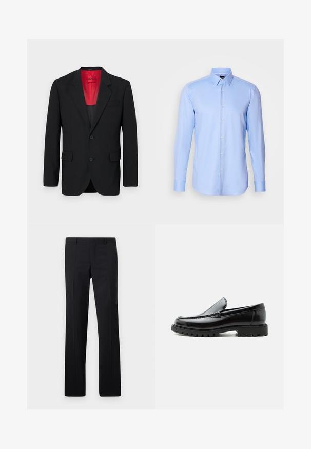 Blazer negro fabricado en tela suave, con un forro rojo, dos bolsillos frontales y dos botones. Las solapas con muesca aportan un detalle estructurado.; Camisa de botones de manga larga color azul claro, hecha de tejido texturizado, con cuello puntiagudo y cierre de botones clásico en la parte delantera.; Pantalones negros ajustados con un diseño de pierna recta, pliegues marcados y un acabado suave. Fabricados en tejido ligero con una cintura limpia.; Mocasín de cuero negro con suela de goma gruesa, empeine cosido y nombre de la marca en relieve en el talón, mostrado en perfil lateral sobre fondo blanco.