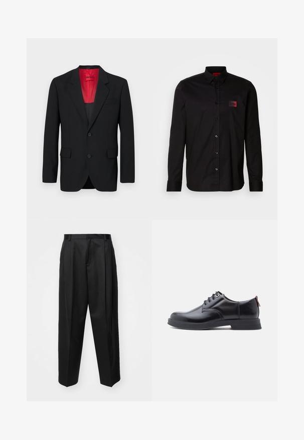Blazer negro fabricado en tela suave, con un forro rojo, dos bolsillos frontales y dos botones. Las solapas con muesca aportan un detalle estructurado.; Camisa negra de manga larga hecha de tela suave, con cierre de botones, cuello clásico y un pequeño parche de marca en rojo en el pecho.; Pantalones negros ajustados con cintura alta, perneras anchas y pliegues marcados. Fabricados en un tejido suave con trabillas para el cinturón y sin hardware visible.; Zapatos de piel negra con cordones, textura lisa, puntera redondeada y detalles sutiles de costura. Cuentan con una lengüeta roja en el talón.