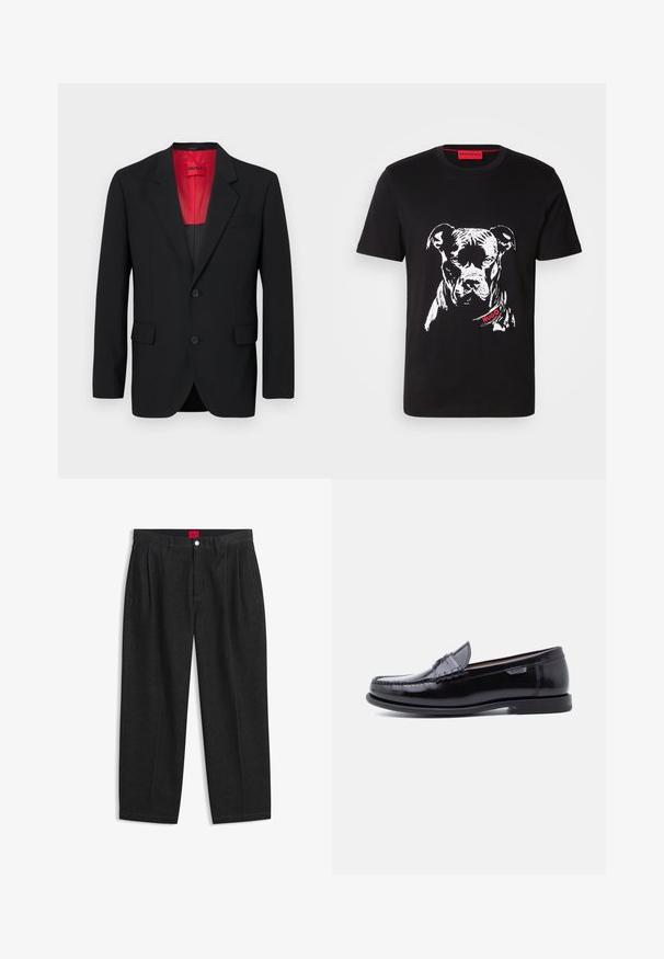 Blazer noir en tissu lisse, avec une doublure rouge, deux poches avant et deux boutons. Les revers crantés ajoutent un détail structuré.; T-shirt en coton noir avec un graphique de chien illustré blanc sur le devant, agrémenté d'un logo rouge "HUGO" sur la zone du col.; Pantalon noir taille haute avec plis sur le devant, passants de ceinture, fermeture par bouton et zip, et une étiquette rouge à l’intérieur de la ceinture.; Mocassins en cuir noir avec une finition brillante, présentant un motif cousu sur l'avant-pied et une semelle en caoutchouc noire texturée et basse.