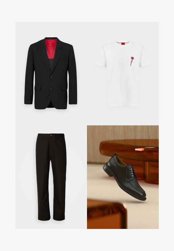 Blazer negro fabricado en tela suave, con un forro rojo, dos bolsillos frontales y dos botones. Las solapas con muesca aportan un detalle estructurado.; Camiseta blanca de manga corta con una pequeña rosa roja bordada en el pecho izquierdo y cuello redondo.; Pantalones de algodón negros con corte recto, presillas para el cinturón, cremallera frontal y un solo botón de cierre. Textura suave sin patrones visibles.; Zapato de vestir negro de piel con cordones y parte delantera texturizada, flotando sobre una alfombra beige en una habitación moderna con muebles de tono ámbar.