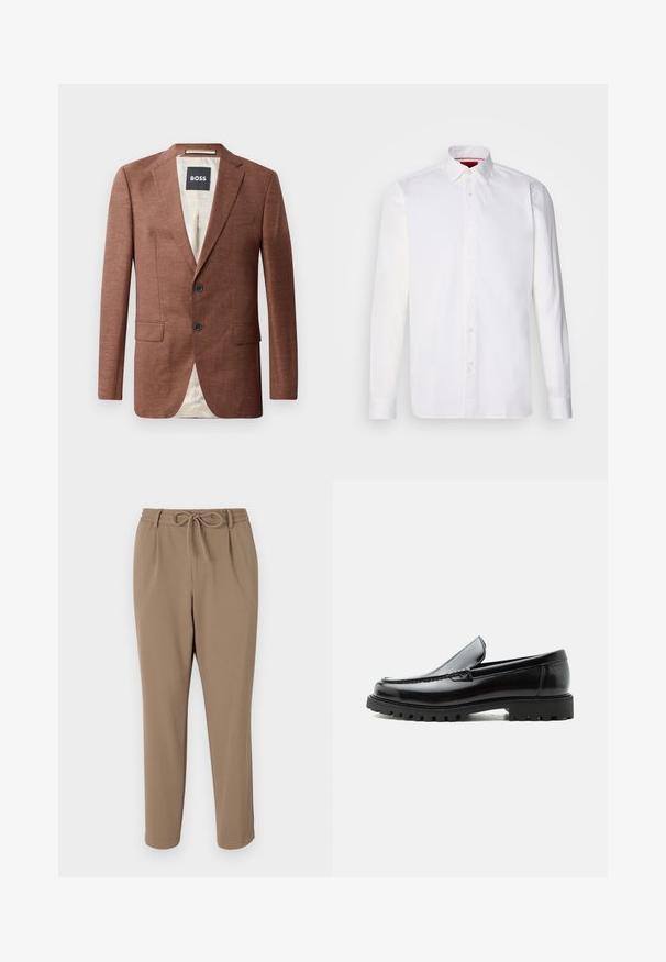 Brauner Leinenblazer mit aufgeschlagenen Revers, zwei Fronttaschen, zwei schwarzen Knöpfen und einer hellen Innenausstattung. Etikett mit der Aufschrift 'BOSS'.; Weißes langärmliges Hemd aus Baumwolle mit klassischem Kragen, Knopfleiste vorne und glatter Textur. Rote Details im inneren Kragen.; Beige leicht taillierte Hose mit einem Kordelzugbund, seitlichen Taschen und einer glatten Textur. Keine sichtbaren Muster oder zusätzlichen Akzente.; Schwarzer Lederloafer mit grober Gummisohle, genähter Oberseite und geprägtem Markennamen an der Ferse, seitlich auf weißem Hintergrund gezeigt.