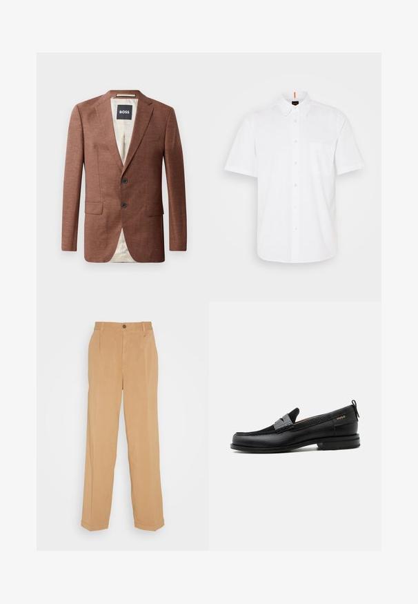 Blazer de lino marrón con solapas caídas, dos bolsillos frontales, dos botones negros y forro de color claro. Etiqueta con la marca 'BOSS'.; Camisa de botón blanca de manga corta hecha de algodón, con un bolsillo en el pecho, un cuello clásico y detalles de costura sutiles.; Pantalones de pierna ancha en beige, fabricados con tejido suave, que cuentan con dos bolsillos frontales, un cierre de botón y detalles de pliegues a lo largo de las piernas.; Mocasín de cuero negro con detalle de tira gris, tacón bajo y suela texturizada, con la marca "HUGO" en oro en el lateral.
