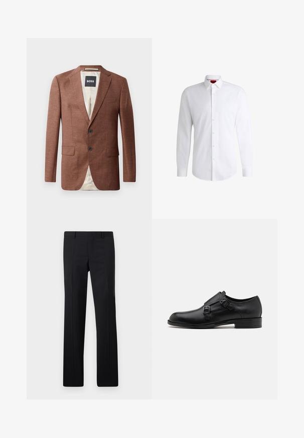 Hnedý ľanový blazer s výstrihom do V, dvoma prednými vreckami, dvoma čiernymi gombíkmi a svetlou podšívkou. Na štítku je nápis 'BOSS'.; Biela košeľa na gombíky vyrobená z hladkej látky s klasickým golierom, dlhými rukávmi a zaobleným lemom. Má béžové gombíky na prednej strane.; Čierne nohavice s nasadením, ktoré majú rovný strih, ostré záhyby a hladký povrch. Vyrobené z ľahkého materiálu s čistým pásom.; Čierne kožené spoločenské topánky s dvojitými prackami, elegantným siluetou a okrúhlou špičkou. Majú nízky opätok a hladký povrch.