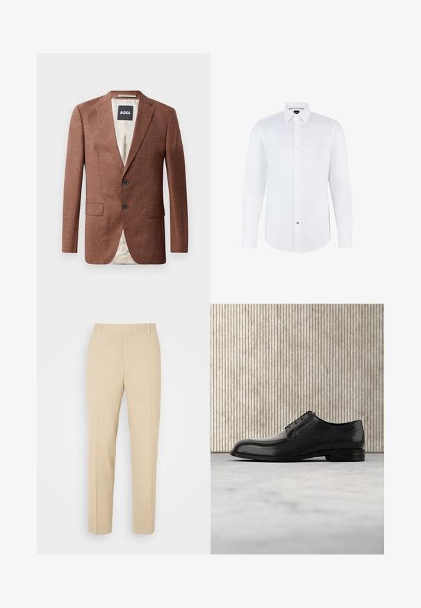 Brauner Leinenblazer mit aufgeschlagenen Revers, zwei Fronttaschen, zwei schwarzen Knöpfen und einer hellen Innenausstattung. Etikett mit der Aufschrift 'BOSS'.; Weißes Hemd mit langen Ärmeln aus glattem Stoff, mit Knopfleiste, spitzem Kragen und abgerundetem Saum. Auffälliger Markenschalterakzent.; Beige maßgeschneiderte Hosen mit geradem Bein, aus leichtem Stoff, mit zwei vorderen Taschen und ordentlich gebügelten Falten.; Schwarze Leder-Dressschuhe mit einer runden Zehenpartie, glatter Oberfläche, minimalen Nähten und flacher Sohle mit dezentem Branding an der Ferse.