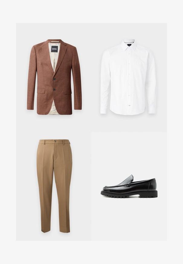 Bruine linnen blazer met schouderepauletten, twee voorzakken, twee zwarte knopen en een lichtgekleurde voering. Etiket met 'BOSS'.; Witte longsleeve shirt van katoen. Bevat een knoopdown kraag, een knoopsluiting aan de voorkant met roze knopen en een gebogen zoom.; Bruine maatwerkbroek met een rechte pasvorm, enkele plooien, riemlussen en een sluiting met een knoop aan de voorkant. Gladde stof met een matte textuur.; Zwarte leren loafer met dikke rubberen zool, gestikte bovenkant en gegraveerde merknaam op de hiel, zijaanzicht op witte achtergrond.