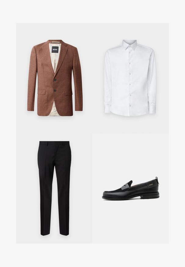 Blazer de lino marrón con solapas caídas, dos bolsillos frontales, dos botones negros y forro de color claro. Etiqueta con la marca 'BOSS'.; Camisa blanca de manga larga hecha de tela suave, con un cuello clásico, tapeta de botones y puños con botones, presentada sobre un fondo liso.; Pantalones negros de corte ajustado, hechos de una tela suave, con pernera recta, detalles de pinzas refinadas y una cinturilla clásica con ojales para cinturón.; Mocasín de cuero negro con detalle de tira gris, tacón bajo y suela texturizada, con la marca "HUGO" en oro en el lateral.