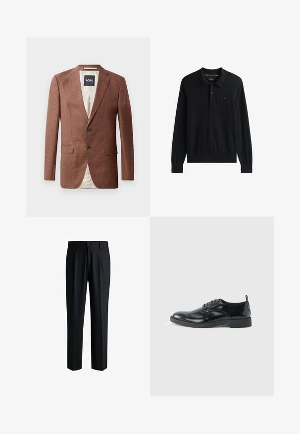 Brun linned blazer med notch-lapel, to frontlommer, to sorte knapper og lyse indvendige foer. Etiket mærket 'BOSS'.; Sort langærmet polo-shirt lavet af blødt stof, med en klassisk krave, tre-knaps placket og et lille logo på brystet.; Sorte bukser lavet af glat stof, med lige ben-design, plisseringer foran og knaplukning med bæltestropper.; Blank sort læder dresssko med lav hæl, snørelukning og rund tå, vist fra siden på ensfarvet lys baggrund.