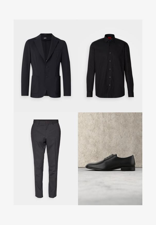 Zwarte blazer van een gestructureerde stof, enkelvoudig knoopsgat, met notch-revers, twee voorzakken en twee knopen. Merkenlabel zichtbaar aan de binnenkant.; Zwarte longsleeve shirt van gladde stof, met een klassieke kraag, knoopsluiting aan de voorkant en een getailleerde pasvorm.; Grijze op maat gemaakte broek met een gladde textuur, slim fit en taps toelopende benen, met een platte voorkant en riemlussen voor extra detail.; Zwarte lederen dresschoenen met een strak ontwerp, ronde neus, vijf veterogen voor veters, en een kleine opstaande hak. Subtiele reliëf logo detail.
