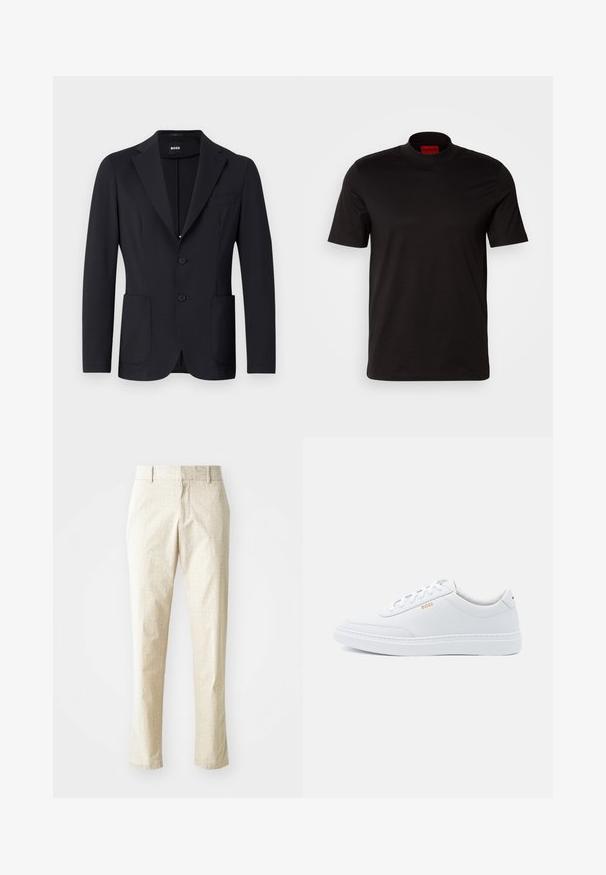 Zwarte blazer van een gestructureerde stof, enkelvoudig knoopsgat, met notch-revers, twee voorzakken en twee knopen. Merkenlabel zichtbaar aan de binnenkant.; Zwarte korte mouw t-shirt met een hoge nek ontwerp. Gemaakt van soepele stof. Bevat een rood merklabel op de binnenkant van de kraag.; Lichtbeige op maat gemaakte broeken met een gestructureerd patroon, rechte pasvorm en een middelhoge tailleband, voorzien van riemlussen en zonder zichtbare zakken.; Witte leren sneakers met een gladde textuur, ronde neus en tonale stiksels. Voorzien van blauwe veters en een gouden logo op de zijkant.