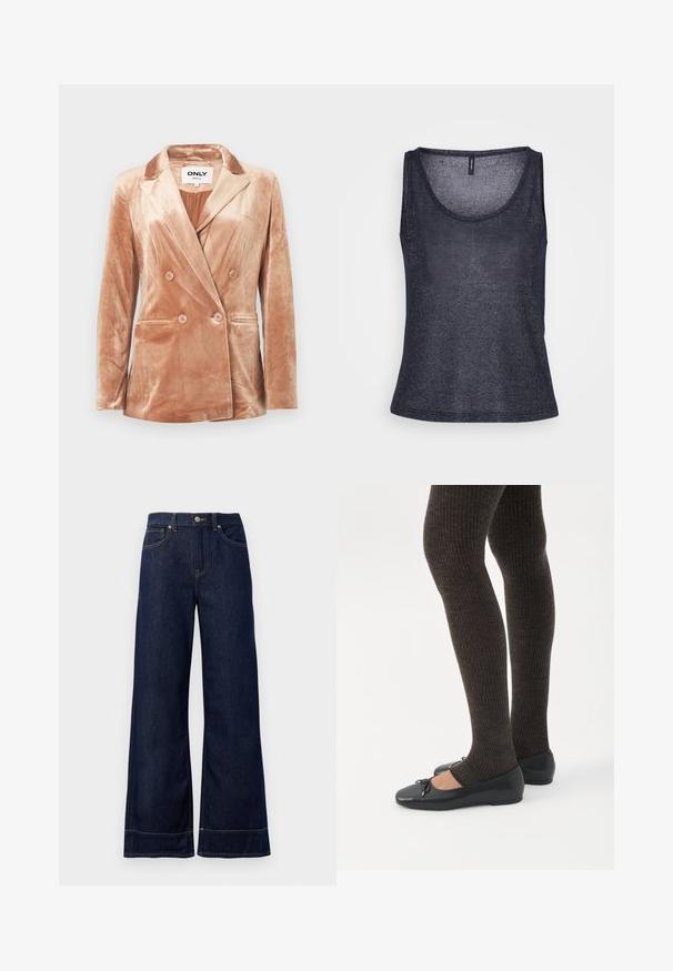 Blazer beige en velours à double boutonnage avec des revers crantés, quatre boutons à l'avant, deux poches latérales et une doublure lisse à l'intérieur.; Débardeur bleu marine en tissu léger et texturé, avec un col rond et une coupe générale décontractée. Aucune autre détail de conception noté.; Jean large bleu foncé en denim. Caractéristiques : fermeture par bouton, détails de couture et poches latérales. Ourlet évasé en bas.; Jambes portant des leggings côtelés foncés associés à des ballerines noires avec de petits détails en nœud sur fond blanc.