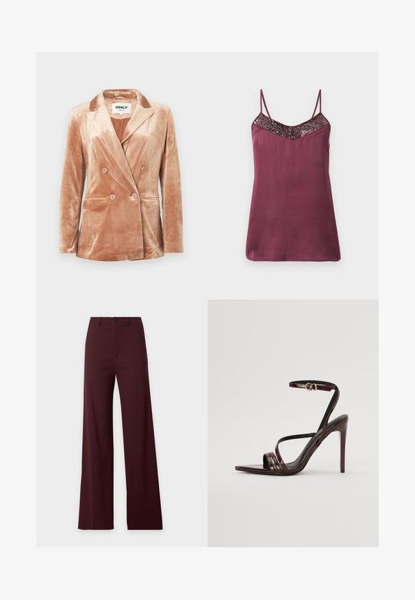Blazer beige en velours à double boutonnage avec des revers crantés, quatre boutons à l'avant, deux poches latérales et une doublure lisse à l'intérieur.; Camisole en satin bourgogne avec des bretelles fines ajustables et un décolleté en V orné de sequins. Texture lisse, avec une coupe ample.; Pantalon large bordeaux foncé avec taille haute, passants pour ceinture, bouton avant et fermeture éclair.; Sandale à talons hauts en cuir verni bourgogne avec une bride de cheville, bout pointu et trois bandes horizontales sur le pied. Détail de boucle dorée.