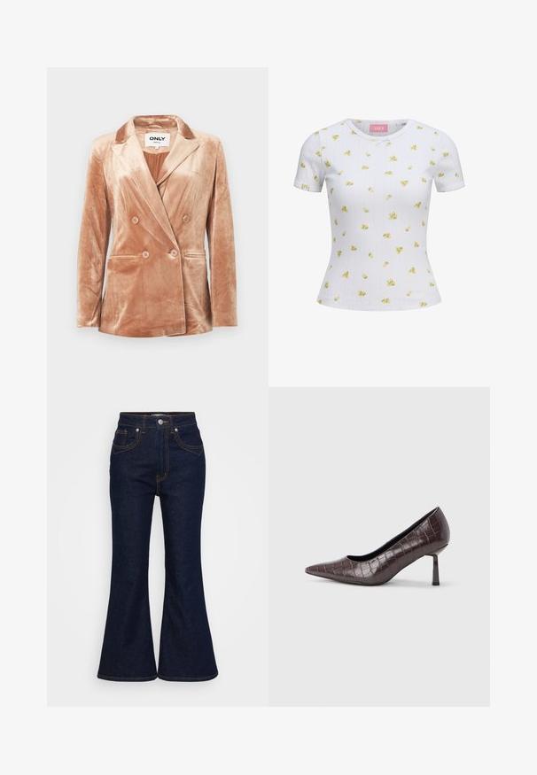 Blazer beige en velours à double boutonnage avec des revers crantés, quatre boutons à l'avant, deux poches latérales et une doublure lisse à l'intérieur.; T-shirt blanc ajusté à manches courtes avec petit imprimé floral jaune et motif vertical subtil, col rond et petit détail de nœud à l'avant.; Jeans en denim taille haute bleu marine avec des jambes évasées, fermeture à l'avant par bouton et zip, et coutures orange contrastantes.; Escarpins à bout pointu en similicuir marron avec une texture crocodile, dotés d’un talon fin et angulaire ainsi que d’une doublure intérieure lisse.