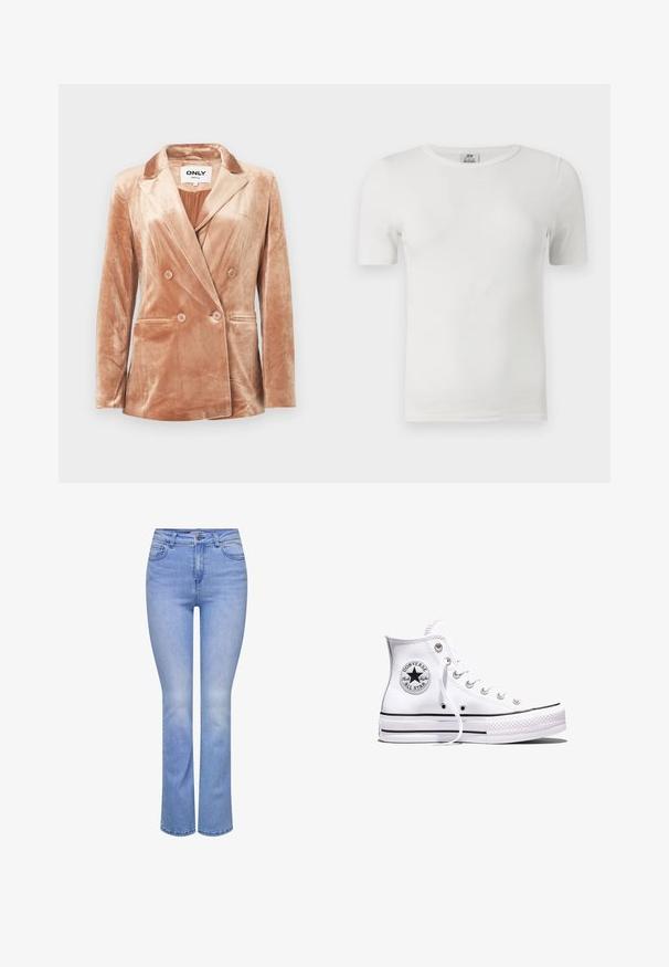 Blazer beige en velours à double boutonnage avec des revers crantés, quatre boutons à l'avant, deux poches latérales et une doublure lisse à l'intérieur.; T-shirt blanc côtelé à manches courtes, col rond, coupe ajustée et étiquette de la marque JDY à l'intérieur du col.; Jean en denim bleu clair avec une taille ajustée et des jambes évasées. Comprend cinq poches, une fermeture à bouton à l'avant et un léger délavage.; Baskets blanches montantes Converse Chuck Taylor All Star avec des rayures noires et un patch logo sur le côté, présentées sur un fond blanc uni.