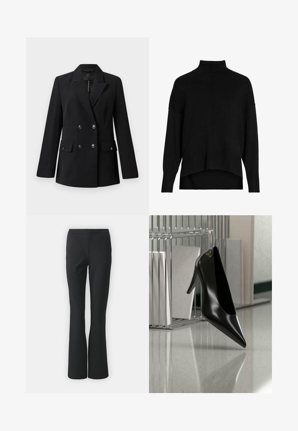 Sort dobbeltradet blazer med hakket revers, to forlommer og knappedetaljer. Fremstillet af glat, vævet stof.; Sort strik cardigan med løs pasform, sænkede skuldre, ribbede manchetter og et høj-lav kantdesign. Blød tekstur, minimal detaljer.; Sorte flagrende bukser lavet af glat stof; har en flad front uden lommer og en skræddersyet pasform, der smalner ind mod kanten.; Sort højhælet sko med spids tå og guldlogo, placeret på en reflekterende overflade nær en krom trådfilholder med dokumenter.