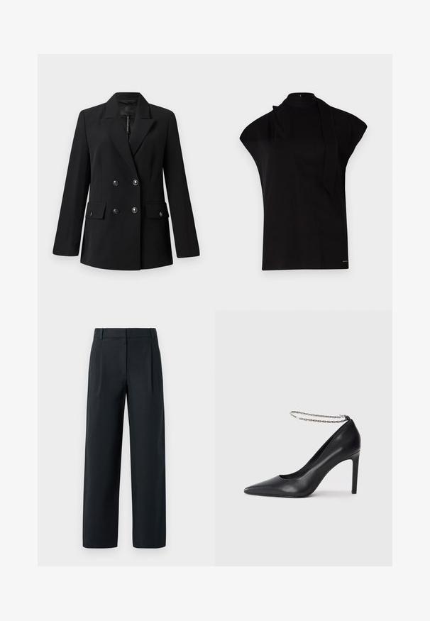 Blazer negro de doble botonadura con solapa con muesca, dos bolsillos delanteros y detalle de botones. Fabricado con tela tejida suave.; Top negro de cuello alto con mangas tipo farol, que presenta un diseño asimétrico y una larga corbata al cuello. Hecho de un tejido suave con un aspecto minimalista.; Pantalones negros ajustados con un diseño de pierna recta, que cuentan con pliegues delanteros, una textura suave y pasadores para cinturón. Sin bolsillos visibles.; Zapato de tacón alto de cuero negro con puntera afilada, que presenta una delgada correa de tobillo de cadena plateada y una textura elegante y suave.