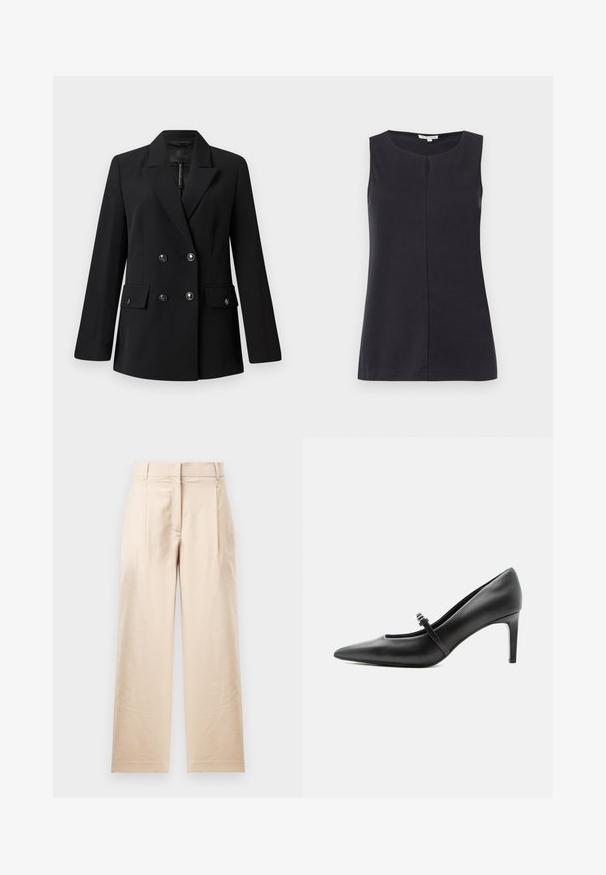 Sort dobbeltradet blazer med hakket revers, to forlommer og knappedetaljer. Fremstillet af glat, vævet stof.; Ærmeløs sort top lavet af blødt stof, med rund halsudskæring og en central søm ned langs forsiden. Glat tekstur, enkelt design.; Beige bukser lavet af glat stof. Har en lige pasform, flad front og to plisses. Ingen synlige mønstre eller metaldele.; Sort læderspids højhælede sko med tynd rem og spænde over vristen, stående på en neutral lys baggrund.