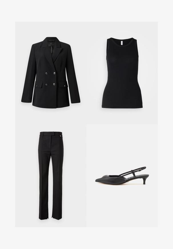 Blazer noir à double boutonnage avec un col à revers cranté, deux poches avant et des détails à boutons. Confectionné en tissu tissé lisse.; Débardeur noir sans manches en tissu côtelé, avec un col rond et une coupe ajustée, à la texture douce et sans motifs.; Pantalon noir ajusté avec une coupe droite, doté d'une taille avec fermeture à bouton et de fentes sur le bas.; Chaussures noires à talon slingback avec un bout pointu, en matériau lisse, dotées d'un petit talon et d'un accent décoratif en argent sur le dessus.