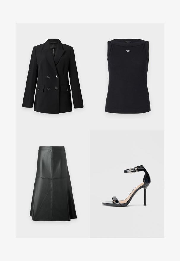 Sort dobbeltradet blazer med hakket revers, to forlommer og knappedetaljer. Fremstillet af glat, vævet stof.; Sort ærmeløs top lavet af bomuld, med bådudskæring og et lille krystal trekantlogo på brystet. Glat tekstur.; Sort læder A-linje nederdel, glat tekstur, midt på læggen, med vandret syninger ved taljen og sømmene for ekstra struktur.; Sort højhælet sandal i laklæder med ankelrem. Har minimalistisk design, åben tå og spænde med rhinsten-detaljer.
