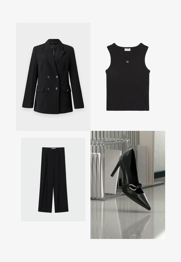 Sort dobbeltradet blazer med hakket revers, to forlommer og knappedetaljer. Fremstillet af glat, vævet stof.; Sort ribbet, ærmeløs top med rund halsudskæring, Calvin Klein Jeans-mærke inde i kraven og lille CK-logo-patch på brystet.; Sorte vidde bukser med høj talje, bæltestropper og forreste læg, vist mod en lys grå baggrund.; Sort spids højhælet sko med en sølvspænde, placeret på en reflekterende overflade nær en metalfilorganisator med papirer.