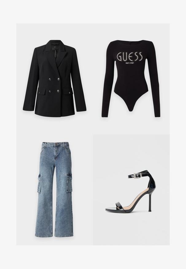 Sort dobbeltradet blazer med hakket revers, to forlommer og knappedetaljer. Fremstillet af glat, vævet stof.; Sort langærmet bodystocking med en scoop-halsudskæring, prydet med "GUESS" i rhinsten og "EST.1981" i hvid, lavet af strækstof.; Bredde denim cargo bukser i blå med sidelommer, knaplukning og bæltestropper. Stoffet har en lys vask med subtilt slid.; Sort højhælet sandal i laklæder med ankelrem. Har minimalistisk design, åben tå og spænde med rhinsten-detaljer.