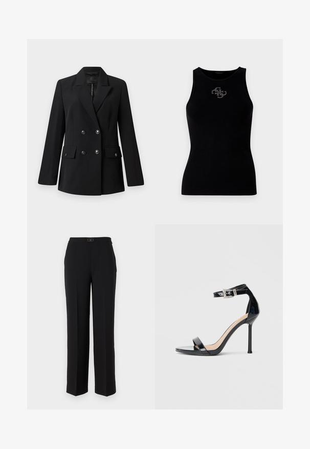 Blazer negro de doble botonadura con solapa con muesca, dos bolsillos delanteros y detalle de botones. Fabricado con tela tejida suave.; Top de tirantes negro con canalé que presenta un escote redondo y un logo adornado con tachuelas plateadas en la parte delantera. Tela suave y elástica.; Pantalones negros a medida hechos de una tela suave, con un diseño de pierna recta, una cintura con una hebilla decorativa de plata y sin patrones visibles.; Sandalia de tacón alto en piel sintética negra con correa en el tobillo. Presenta un diseño minimalista, punta abierta y una hebilla con detalles de pedrería.