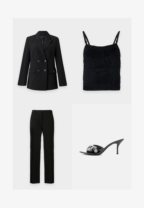 Blazer noir à double boutonnage avec un col à revers cranté, deux poches avant et des détails à boutons. Confectionné en tissu tissé lisse.; Haut en tissu noir duveteux avec des fines bretelles. Surface texturée, forme carrée et design léger. Schéma de couleur simple et monochromatique.; Pantalon noir au design droit, fabriqué en tissu lisse, avec une taille plate, des passants de ceinture, et sans motifs ni accents visibles.; Mule à talon haut en cuir verni noir avec bout ouvert et breloques argentées décoratives comprenant une fleur et un cadenas sur la bride avant.