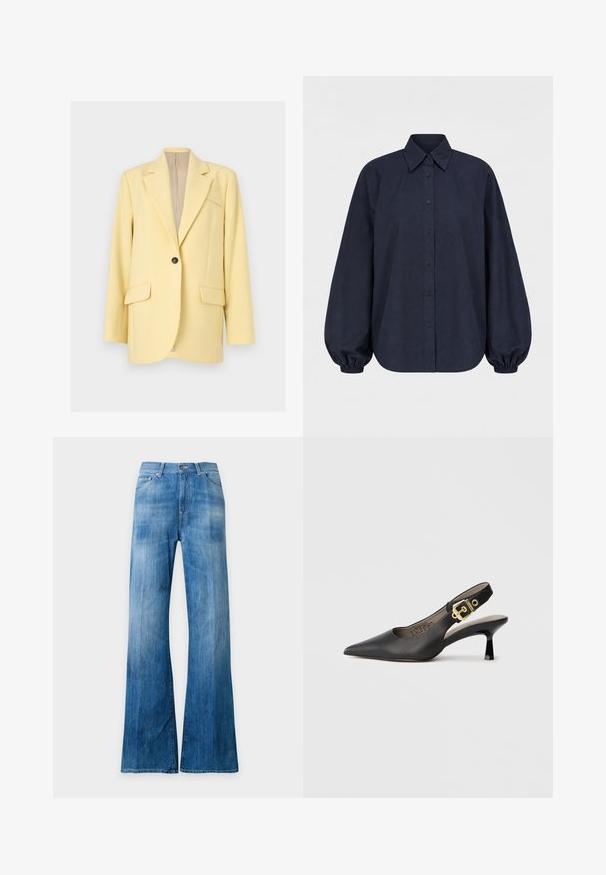 Blazer jaune pâle à un bouton avec revers crantés, deux poches à rabat à l'avant et une poche poitrine passepoilée, présenté sur un fond neutre.; Chemise bleu marine foncé à manches longues, boutonnée, avec col pointu et poignets élastiques froncés sur fond blanc.; Jean en denim bleu délavé avec taille haute et jambes larges, avec poches avant, passants de ceinture et fermeture par bouton.; Chaussure à talon haut noire à bride arrière, avec un bout pointu, une texture en cuir lisse et une accent de boucle dorée sur la bride.