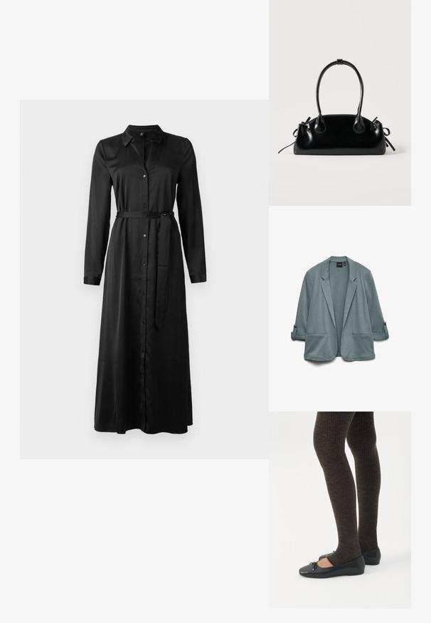 Blazer en bleu-vert clair avec une texture lisse, des revers crantés, deux poches avant et des manches retroussées maintenues par des boutons.; Robe noire à manches longues avec un devant à boutons, col et ceinture assortie à la taille. Tissu lisse, longueur jusqu'aux chevilles avec une coupe droite.; Jambes portant des leggings côtelés foncés associés à des ballerines noires avec de petits détails en nœud sur fond blanc.; Petit sac à main noir brillant avec deux longues anses et des détails à cordon sur les côtés sur un fond clair uni.