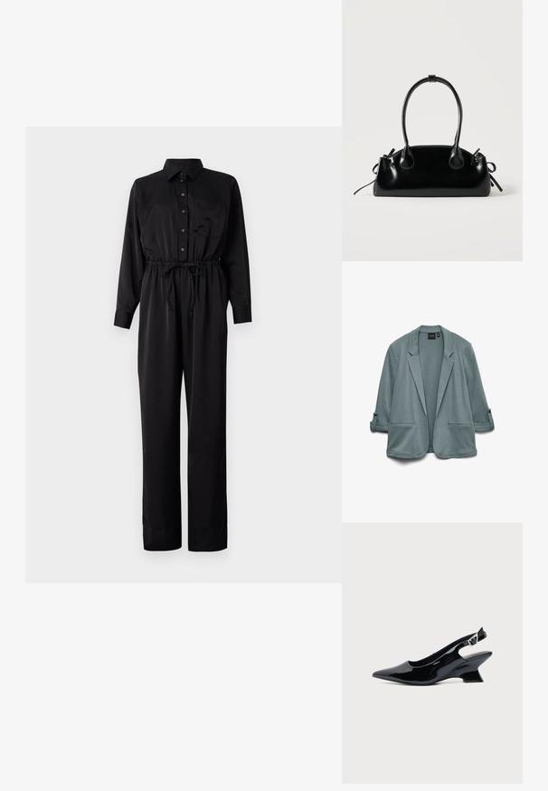 Blazer en bleu-vert clair avec une texture lisse, des revers crantés, deux poches avant et des manches retroussées maintenues par des boutons.; Combinaison noire à manches longues, fermeture boutonnée sur le devant, poche poitrine, taille élastique avec cordon de serrage et jambes larges en tissu lisse.; Chaussure slingback en cuir verni noir avec bout pointu et petit talon bloc incliné sur fond clair uni.; Petit sac à main noir brillant avec deux longues anses et des détails à cordon sur les côtés sur un fond clair uni.