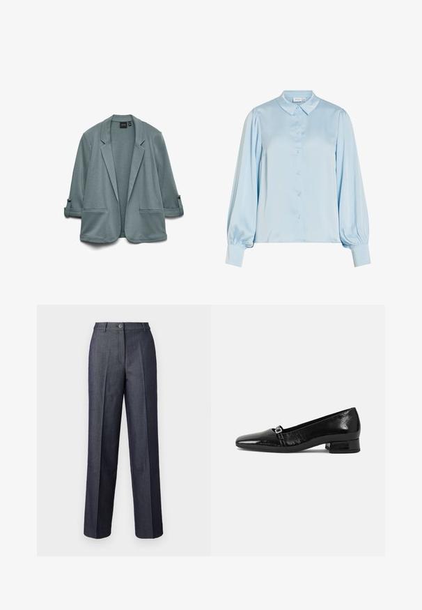 Lyse teal blazer med en glat tekstur, næbede klapper, to frontlommer og opbrettede ærmer fastgjort med knapper.; Lyseblå satinbluse med lange ærmer, knaplukning foran, spids krave, pufærmer og brede manchetter.; Mørkegrå brede bukser lavet af glat stof, med frontknaplukning, skræddersyede folder og elegante lommer.; Sorte patentlæder balletflade med spids tå, lav firkantet hæl og en lille metallisk spænde detalje på remmen. Glat tekstur.