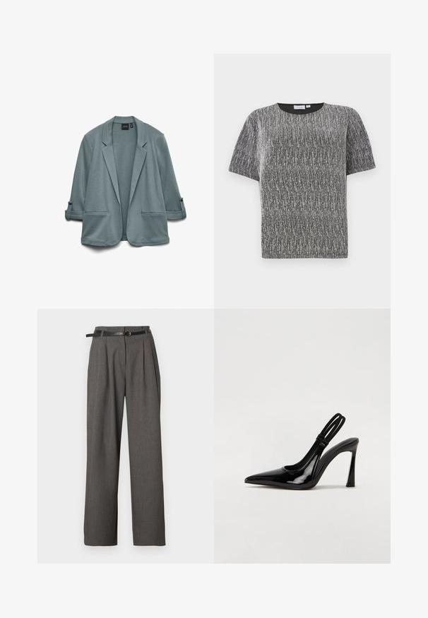 Blazer en bleu-vert clair avec une texture lisse, des revers crantés, deux poches avant et des manches retroussées maintenues par des boutons.; T-shirt à manches courtes en tricot texturé métallique argent et noir avec un col rond et une coupe ajustée.; Pantalon gris taille haute avec plis et poches latérales, stylisé d'une fine ceinture noire avec une boucle ronde dorée.; Escarpin en cuir verni noir à talon aiguille, à bout pointu, avec une sangle élastique double pour un maintien sécurisé. Surface lisse et brillante.