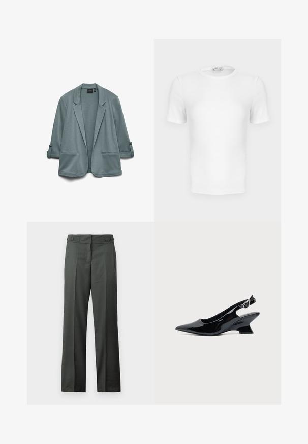 Blazer en bleu-vert clair avec une texture lisse, des revers crantés, deux poches avant et des manches retroussées maintenues par des boutons.; T-shirt blanc à manches courtes, côtelé, col rond avec une coupe ajustée et une petite étiquette de marque à l'intérieur du col.; Pantalon droit gris foncé avec plis à l’avant et taille ajustable avec boutons latéraux sur fond blanc.; Chaussure slingback en cuir verni noir avec bout pointu et petit talon bloc incliné sur fond clair uni.