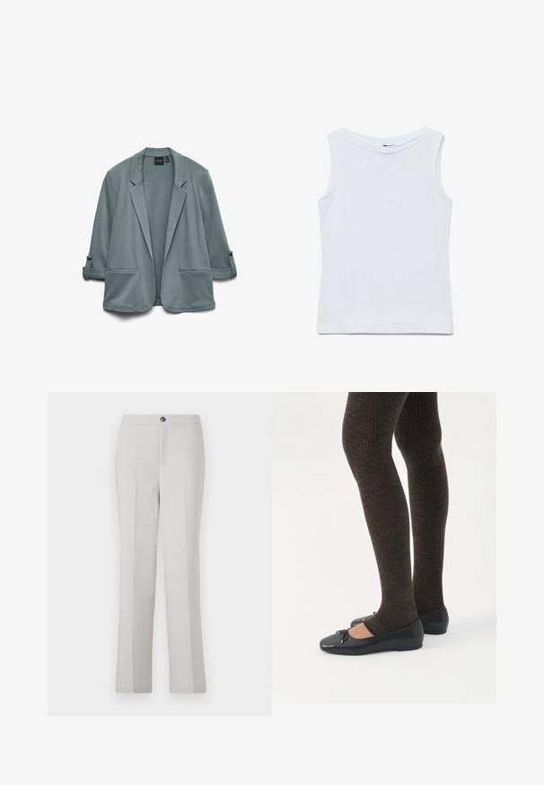 Blazer en bleu-vert clair avec une texture lisse, des revers crantés, deux poches avant et des manches retroussées maintenues par des boutons.; Haut blanc sans manches en coton avec un large col rond et un ourlet droit, présenté à plat sur un fond blanc.; Pantalons droits gris clair en tissu lisse, avec une fermeture à bouton sur le devant, des poches latérales et une coupe ajustée.; Jambes portant des leggings côtelés foncés associés à des ballerines noires avec de petits détails en nœud sur fond blanc.