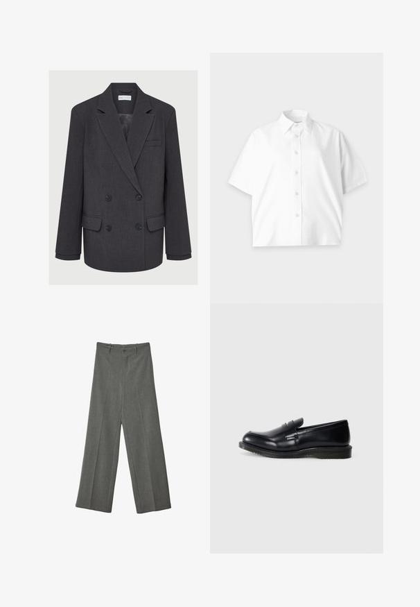 Grå dobbeltradet blazer med klapkrave, to forlommer og tekstureret stof. Har sorte knapper og en glat inderside.; Hvid kortærmet skjorte med knapper og krave, enkelt design og diskret logo på brystet, vist på en lys baggrund.; Grå bredbenede bukser lavet af tekstureret stof, med en frontfolder og to lommer, samt en enkelt frontknaplukning.; Sorte læder loafersandaler med en glat finish, rund tå og syet detaljering på overdelen, samt en tekstureret gummisåler for godt vejgreb.